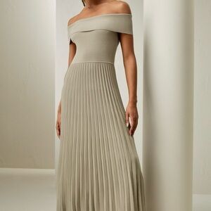 Off-Shoulder Pleated Maxi Dress in olive green